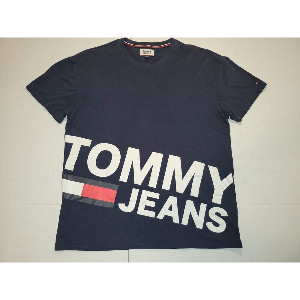 Vintage Tommy Jeans Classic Flag Logo T-Shirt Blue Mens Size M Large Spelled Out